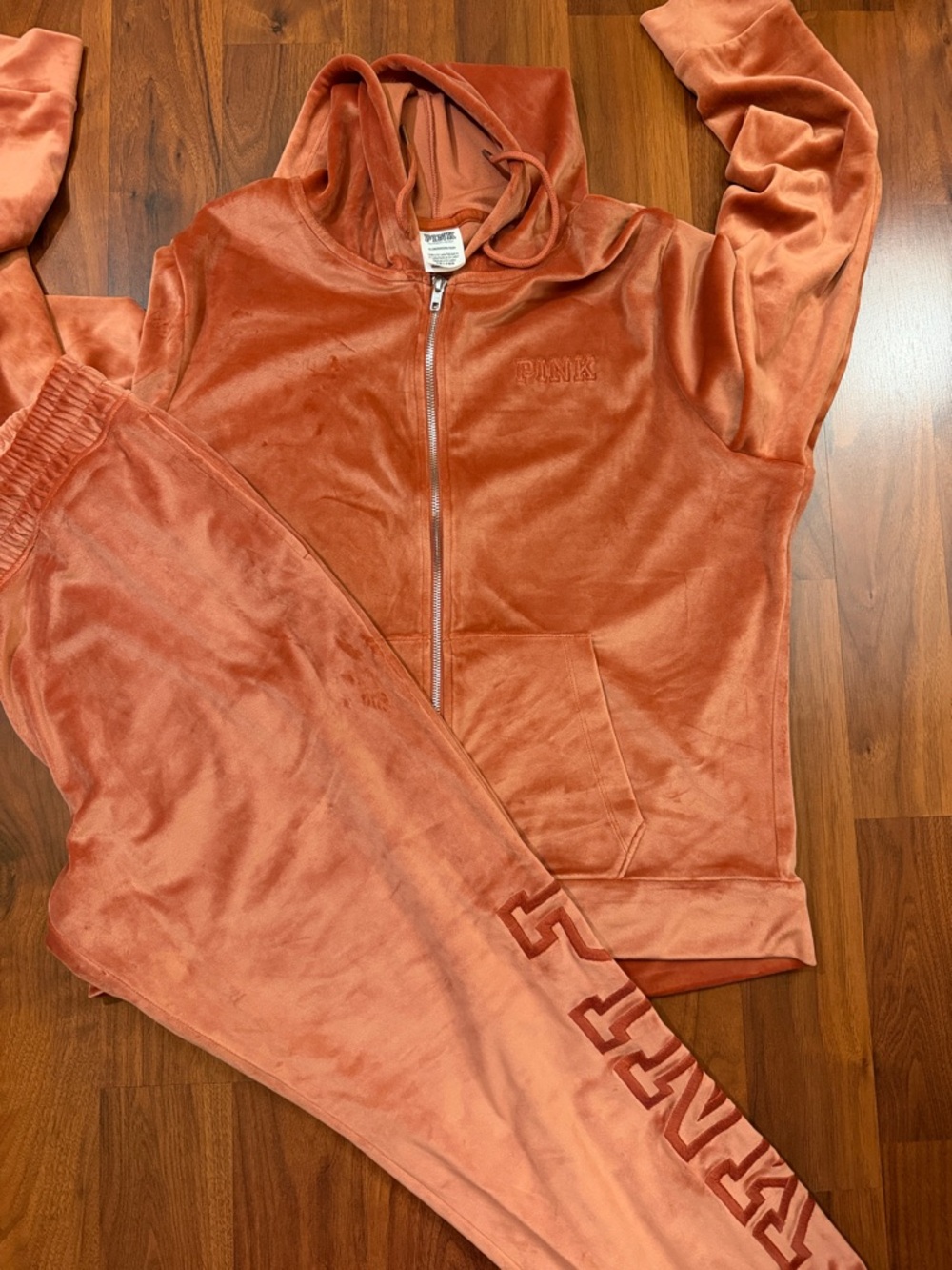 PINK Velour Zip Hoodie & Joggers Set - Burnt Orange/Rust